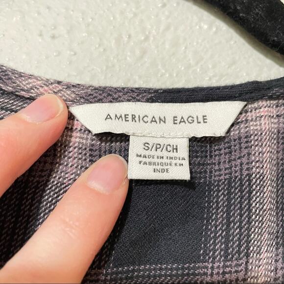 American Eagle Grey Pink Plaid Long Sleeve Wrap Dress Womens S Fall Flannel Mini - Picture 2 of 11